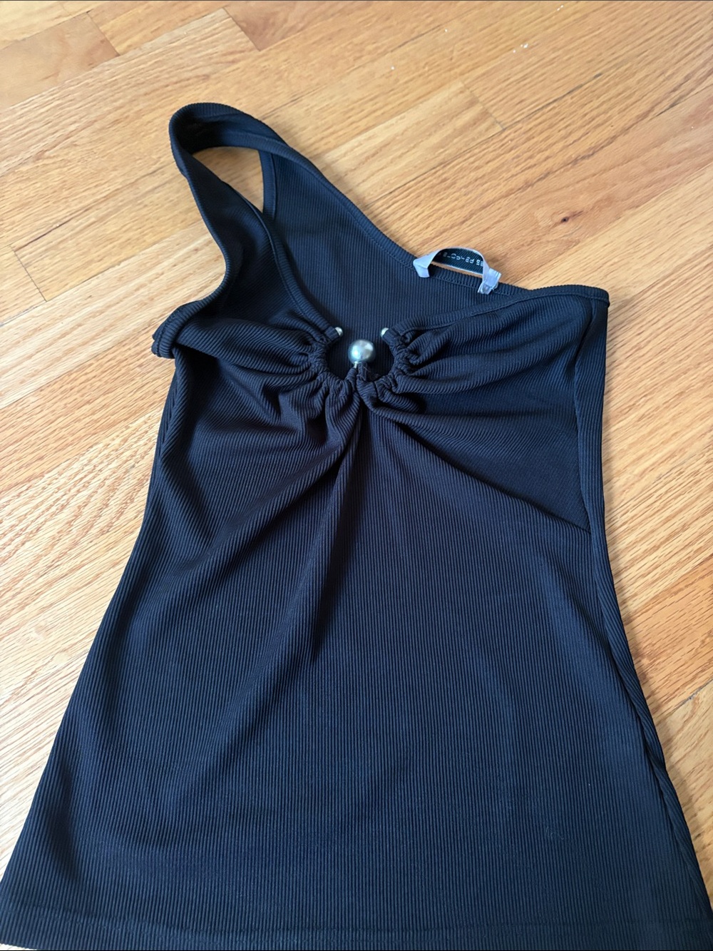 Christopher Esber Black One-Shoulder Tank with Front Gather and Bead